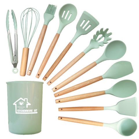 Darrahopens Home & Garden > Kitchenware > Kitchen Utensils Light Green 11-Piece Silicone Kitchen Utensil Set with Wooden Handles and Storage Bucket - Heat Resistant and Non-Stick