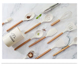 Darrahopens Home & Garden > Kitchenware > Kitchen Utensils Light Grey 11-Piece Silicone Kitchen Utensil Set with Wooden Handles and Storage Bucket - Heat Resistant and Non-Stick