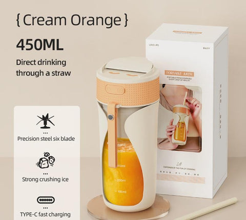 Darrahopens Home & Garden > Kitchenware > Kitchen Utensils Portable Wireless Juicing Cup - 450ml, 6-Blade Ice Crusher, USB-C Fast Charging Smoothie Blender(orange)