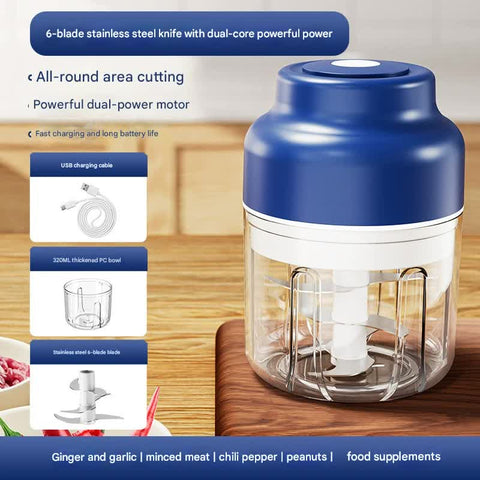 Darrahopens Home & Garden > Kitchenware > Kitchen Utensils Powerful Mini Electric Food Chopper - USB Rechargeable Cordless Garlic & Meat Mincer(Blue 320ml + 6-blade knife)
