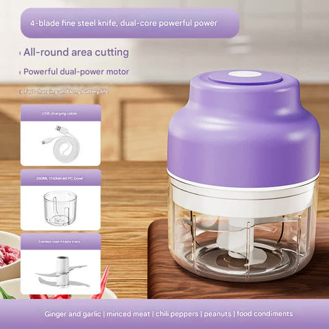Darrahopens Home & Garden > Kitchenware > Kitchen Utensils Powerful Mini Electric Food Chopper - USB Rechargeable Cordless Garlic & Meat Mincer(purple 250ml + 4-blade knife)