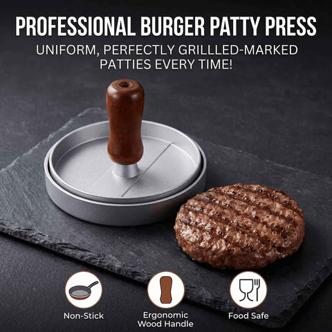Darrahopens Home & Garden > Kitchenware > Kitchen Utensils Professional 4.6-inch aluminum burger patty maker with ergonomic wooden handle, non-stick burger patty maker, suitable for grilling, heavy-duty manual patty press, suitable for beef, poultry and veggie burgers, easy-to-clean outdoor grill pan.