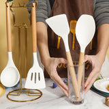 Darrahopens Home & Garden > Kitchenware > Kitchen Utensils Red 11-Piece Silicone Kitchen Utensil Set with Wooden Handles and Storage Bucket - Heat Resistant and Non-Stick