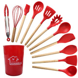 Darrahopens Home & Garden > Kitchenware > Kitchen Utensils Red 11-Piece Silicone Kitchen Utensil Set with Wooden Handles and Storage Bucket - Heat Resistant and Non-Stick