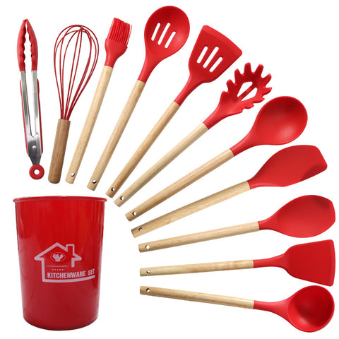 Darrahopens Home & Garden > Kitchenware > Kitchen Utensils Red 11-Piece Silicone Kitchen Utensil Set with Wooden Handles and Storage Bucket - Heat Resistant and Non-Stick