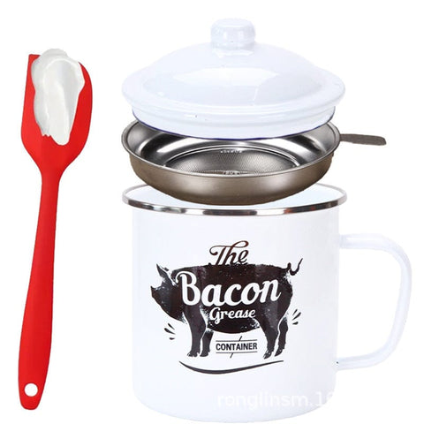 Darrahopens Home & Garden > Kitchenware > Kitchen Utensils Retro 1200ML Enamel Lard Storage Jar - Acid & Alkali Resistant Oil Filter Pot with Fine Mesh Strainer & 17cm Scraping Spatula