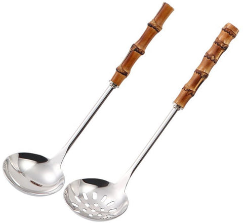 Darrahopens Home & Garden > Kitchenware > Kitchen Utensils Spoons - 2-Piece Set - Stainless Steel Soup Spoon with Bamboo Handle - Long Handle Soup Spoon - Soup Spoon - Strainer - Strainer Set - Durable and Comfortable Kitchen Utensils