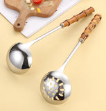 Darrahopens Home & Garden > Kitchenware > Kitchen Utensils Spoons - 2-Piece Set - Stainless Steel Soup Spoon with Bamboo Handle - Long Handle Soup Spoon - Soup Spoon - Strainer - Strainer Set - Durable and Comfortable Kitchen Utensils