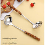 Darrahopens Home & Garden > Kitchenware > Kitchen Utensils Spoons - 2-Piece Set - Stainless Steel Soup Spoon with Bamboo Handle - Long Handle Soup Spoon - Soup Spoon - Strainer - Strainer Set - Durable and Comfortable Kitchen Utensils