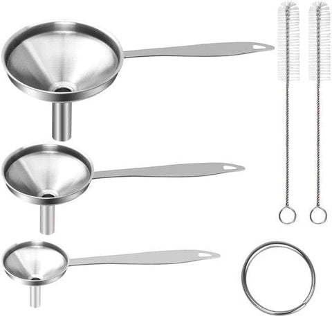 Darrahopens Home & Garden > Kitchenware > Kitchen Utensils Stainless Steel Funnel Set - Set of 3 - Kitchen Funnels - Various Sizes - Funnels with Long Handles - With 2 Cleaning Brushes - Diameter: 7.5cm/5.5cm/4.5cm - Suitable for kitchen bottles, thermoses, small spice powders and k