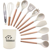 Darrahopens Home & Garden > Kitchenware > Kitchen Utensils White 11-Piece Silicone Kitchen Utensil Set with Wooden Handles and Storage Bucket - Heat Resistant and Non-Stick