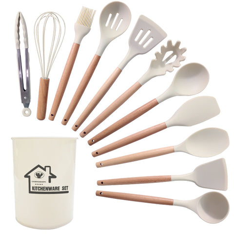 Darrahopens Home & Garden > Kitchenware > Kitchen Utensils White 11-Piece Silicone Kitchen Utensil Set with Wooden Handles and Storage Bucket - Heat Resistant and Non-Stick