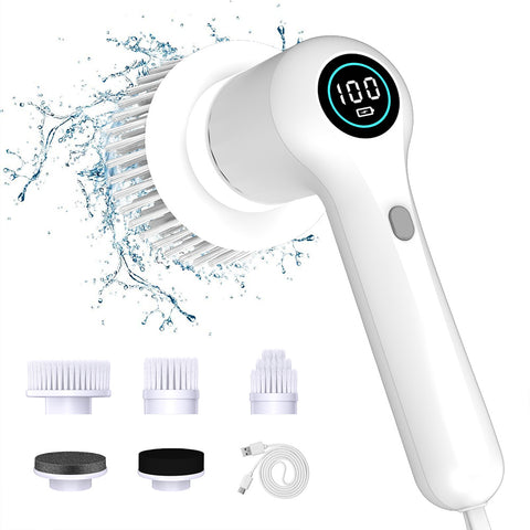 Darrahopens Home & Garden > Kitchenware > Kitchen Utensils White Rechargeable Electric Spin Scrubber - Waterproof Power Cleaning Brush with 5 Heads & Digital Display for Bathroom, Kitchen & More