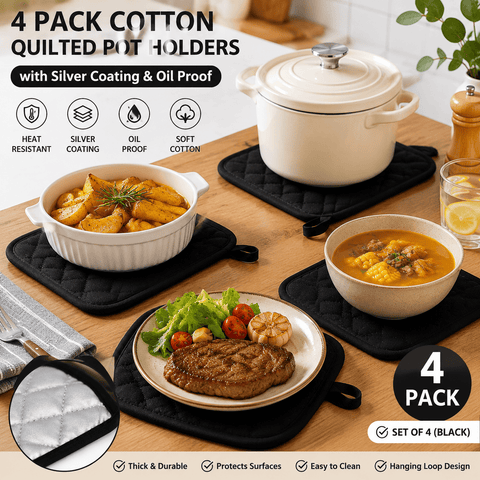Darrahopens Home & Garden > Kitchenware > Oven Mitts & Pot Holders 4 Pack Heat Resistant Pot Holders - Black Cotton Silver Coated Quilted Kitchen Heat Pads Non Slip Oven Mats 18x18cm Baking Cooking Microwave Use Durable Thermal Protection