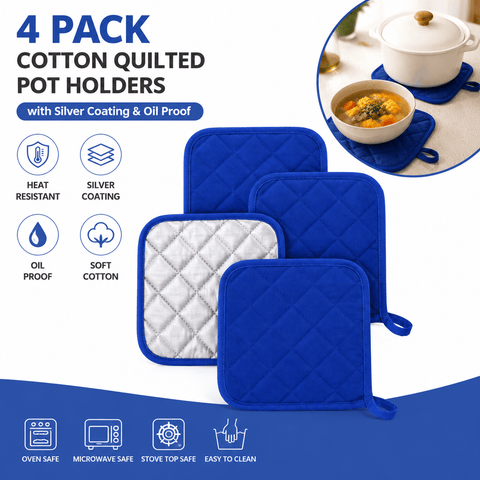 Darrahopens Home & Garden > Kitchenware > Oven Mitts & Pot Holders 4 Pack Heat Resistant Pot Holders - Blue Cotton Silver Coated Quilted Kitchen Heat Pads Non Slip Oven Mats 18x18cm Baking Cooking Microwave Use Durable Thermal Protection