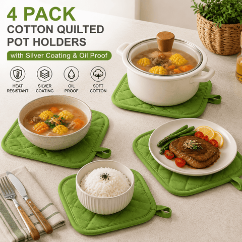 Darrahopens Home & Garden > Kitchenware > Oven Mitts & Pot Holders 4 Pack Heat Resistant Pot Holders - Green Cotton Silver Coated Quilted Kitchen Heat Pads Non Slip Oven Mats 18x18cm Baking Cooking Microwave Use Durable Thermal Protection