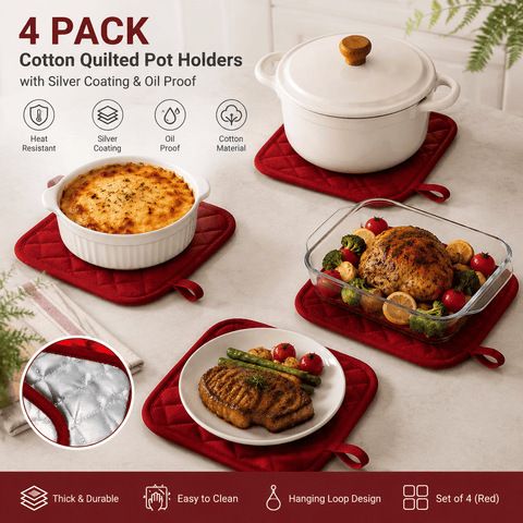 Darrahopens Home & Garden > Kitchenware > Oven Mitts & Pot Holders 4 Pack Heat Resistant Pot Holders - Red Cotton Silver Coated Quilted Kitchen Heat Pads Non Slip Oven Mats 18x18cm Baking Cooking Microwave Use Durable Thermal Protection