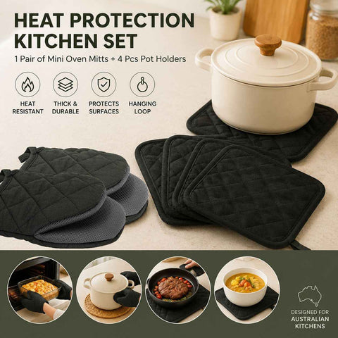 Darrahopens Home & Garden > Kitchenware > Oven Mitts & Pot Holders Black Heat Resistant Oven Mitts Set 1 Pair and 4 Pot Holders Quilted Cotton Kitchen Heat Protection Gloves and Pads Silver Coated Non Slip Baking Cooking Kitchen Accessories