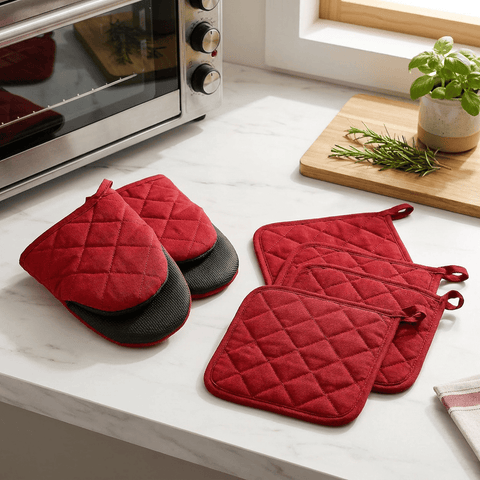 Darrahopens Home & Garden > Kitchenware > Oven Mitts & Pot Holders Red Heat Resistant Oven Mitts Set 1 Pair and 4 Pot Holders Quilted Cotton Kitchen Heat Protection Gloves and Pads Silver Coated Non Slip Baking Cooking Kitchen Accessories