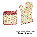 Darrahopens Home & Garden > Kitchenware Set of 100% Cotton Printed Oven Mitt + Pot Holder Cream Cherries