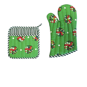 Darrahopens Home & Garden > Kitchenware Set of 100% Cotton Printed Oven Mitt + Pot Holder Green Blossom