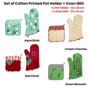 Darrahopens Home & Garden > Kitchenware Set of 100% Cotton Printed Oven Mitt + Pot Holder Red Floral