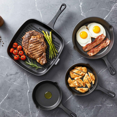 5-Star Chef Cast Iron Fry Pan Skillet Cookware Set Induction Black 14/16/20/24cm