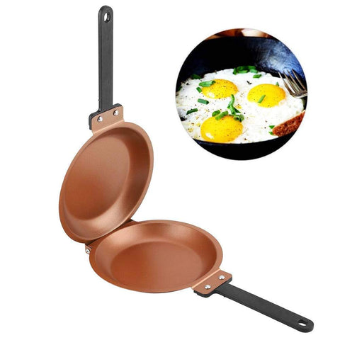 Darrahopens Home & Garden > Kitchenware > Skillets & Frying Pans Double-Sided Flip Frying Pan – Non-Stick Cooking Pan for Eggs, Pancakes, Toasted Bread – Durable Iron Material with Heat-Resistant Handle, Compact Design for Home Kitchen Use – Ideal for Gas Stoves (Golden)
