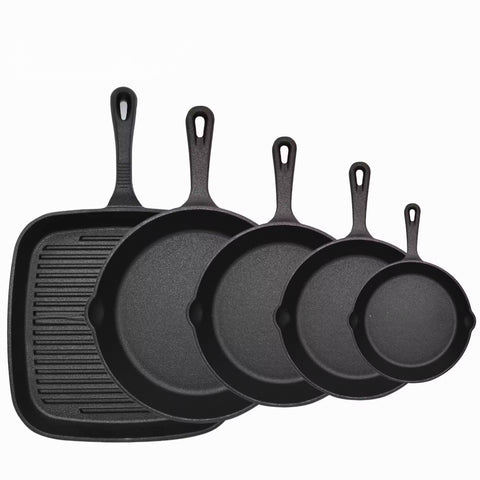 Darrahopens Home & Garden > Kitchenware > Skillets & Frying Pans Five-piece set Heavy Duty Cast Iron Skillet & Grill Pan Thickened Vintage Style Cookware for Steak Breakfast & Camping