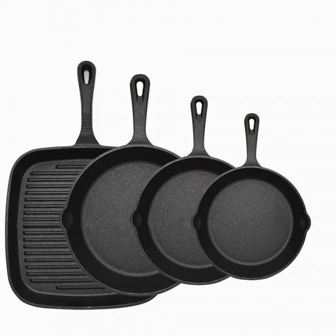 Darrahopens Home & Garden > Kitchenware > Skillets & Frying Pans Four-piece set Heavy Duty Cast Iron Skillet & Grill Pan Thickened Vintage Style Cookware for Steak Breakfast & Camping