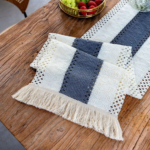 Darrahopens Home & Garden > Kitchenware > Table Linen & Kitchen Towels White-Grey Bohemian Woven Table Runner with Tassels(30X183CM) - Wrinkle-Resistant Striped Table Scarf for Wedding, Holiday & Outdoor Party