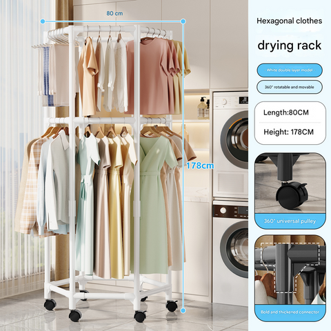 Darrahopens Home & Garden > Laundry & Cleaning > Drying Racks & Hangers White double layer 360° Rotating Portable Garment Rack - Heavy Duty Rolling Clothes Stand with Wheels for Bedroom & Laundry