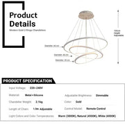 Darrahopens Home & Garden > Lighting > Ceiling Lights BAMDECOR A18801 Modern LED Chandelier, Dimmable Pendant Light with Remote Control Rings Round Ceiling Lighting Fixture 3 Color Temperatures Contemporary Chandeliers (3 Rings-Silver) In Australia - Darrahopens