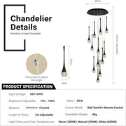 Darrahopens Home & Garden > Lighting > Ceiling Lights BAMDECOR LT08 12-Heads Solid Crystal Teardrop Chandelier High Ceiling Foyers Entrance Chandeliers Staircase Long Pendant Light (Black)