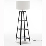 Darrahopens Home & Garden > Lighting Eiffel 3 Tier Natural Wood Floor Lamp w/ Storage Shelves + Off White Linen Shade