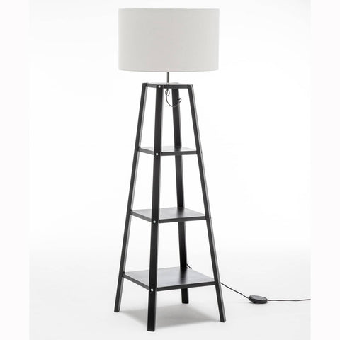 Darrahopens Home & Garden > Lighting Eiffel 3 Tier Natural Wood Floor Lamp w/ Storage Shelves + Off White Linen Shade