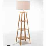 Darrahopens Home & Garden > Lighting Eiffel 3 Tier Natural Wood Floor Lamp w/ Storage Shelves + Off White Linen Shade