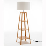 Darrahopens Home & Garden > Lighting Eiffel 3 Tier Natural Wood Floor Lamp w/ Storage Shelves + Off White Linen Shade