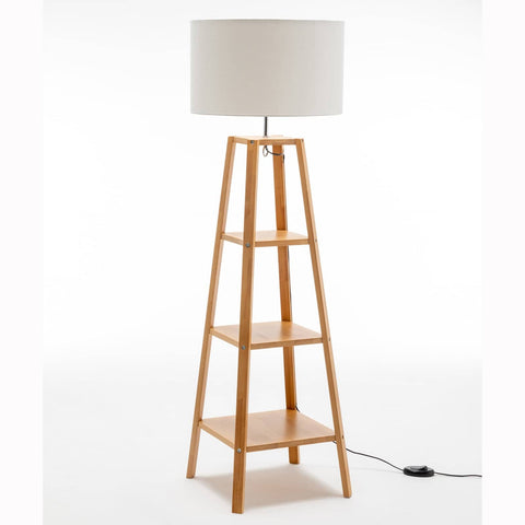Darrahopens Home & Garden > Lighting Eiffel 3 Tier Natural Wood Floor Lamp w/ Storage Shelves + Off White Linen Shade