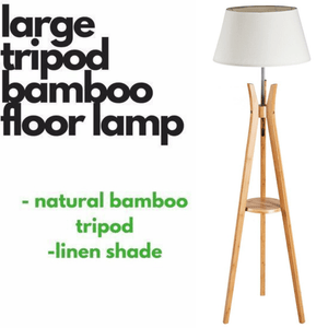 Darrahopens Home & Garden > Lighting LARGE BAMBOO TRIPOD FLOOR LAMP Linen Shade Modern Light Vintage Wooden Scandi