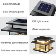 Darrahopens Home & Garden > Lighting > Night Lights & Ambient Lighting Length: 25 cm Outdoor Stainless Steel Post Light, Modern LED Fence Deck Cap Light Lantern Column Lamp for Flat Surface Patio with Glass Shade with IP54 Waterproof E26 Bulb for Outside Patio Yard Fence - Black - Size 25cm In Australia - Darrahopens