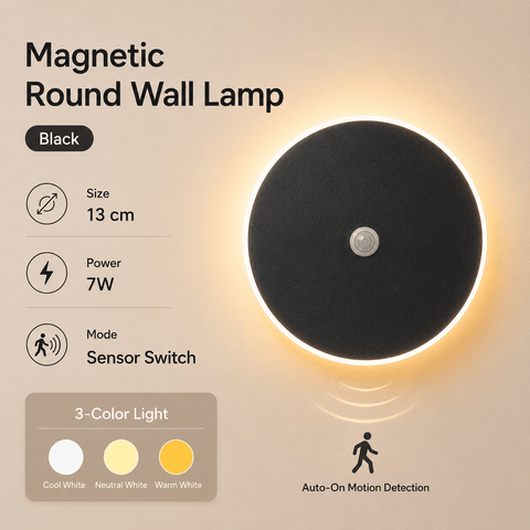Darrahopens Home & Garden > Lighting > Night Lights & Ambient Lighting Magnetic Round Wall Lamp 13cm Black, 7W Rechargeable LED Wall Sconce with Motion Sensor, 3-Color Light, Battery Powered Modern Disc Wall Light for Hallway Entryway Bedroom