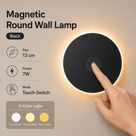 Darrahopens Home & Garden > Lighting > Night Lights & Ambient Lighting Magnetic Round Wall Lamp 13cm Black, 7W Rechargeable LED Wall Sconce with Touch Control, 3-Color Light, Battery Powered Modern Disc Wall Light for Bedroom Hallway Living Room