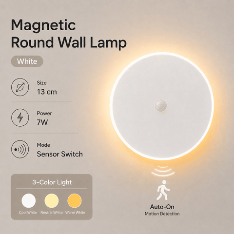 Darrahopens Home & Garden > Lighting > Night Lights & Ambient Lighting Magnetic Round Wall Lamp 13cm White, 7W Rechargeable LED Wall Sconce with Motion Sensor, 3-Color Light, Battery Powered Modern Disc Wall Light for Hallway Entryway Bedroom