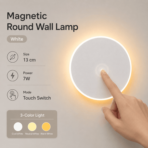 Darrahopens Home & Garden > Lighting > Night Lights & Ambient Lighting Magnetic Round Wall Lamp 13cm White, 7W Rechargeable LED Wall Sconce with Touch Control, 3-Color Light, Battery Powered Modern Disc Wall Light for Bedroom Hallway Living Room