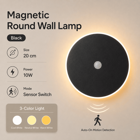Darrahopens Home & Garden > Lighting > Night Lights & Ambient Lighting Magnetic Round Wall Lamp 20cm Black, 10W Rechargeable LED Wall Sconce with Motion Sensor, 3-Color Light, Battery Powered Modern Disc Wall Light for Hallway Entryway Bedroom
