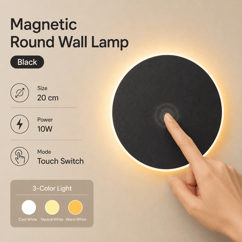 Darrahopens Home & Garden > Lighting > Night Lights & Ambient Lighting Magnetic Round Wall Lamp 20cm Black, 10W Rechargeable LED Wall Sconce with Touch Control, 3-Color Light, Battery Powered Modern Disc Wall Light for Bedroom Hallway Living Room