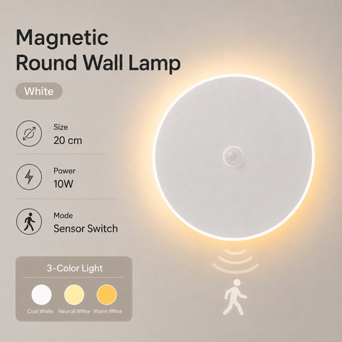 Darrahopens Home & Garden > Lighting > Night Lights & Ambient Lighting Magnetic Round Wall Lamp 20cm White, 10W Rechargeable LED Wall Sconce with Motion Sensor, 3-Color Light, Battery Powered Modern Disc Wall Light for Hallway Entryway Bedroom