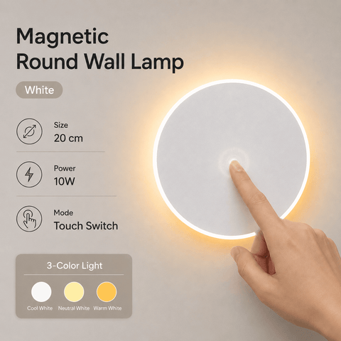 Darrahopens Home & Garden > Lighting > Night Lights & Ambient Lighting Magnetic Round Wall Lamp 20cm White, 10W Rechargeable LED Wall Sconce with Touch Control, 3-Color Light, Battery Powered Modern Disc Wall Light for Bedroom Hallway Living Room