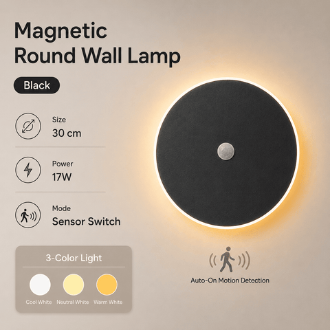 Darrahopens Home & Garden > Lighting > Night Lights & Ambient Lighting Magnetic Round Wall Lamp 30cm Black, 17W Rechargeable LED Wall Sconce with Motion Sensor, 3-Color Light, Battery Powered Modern Disc Wall Light for Hallway Entryway Bedroom